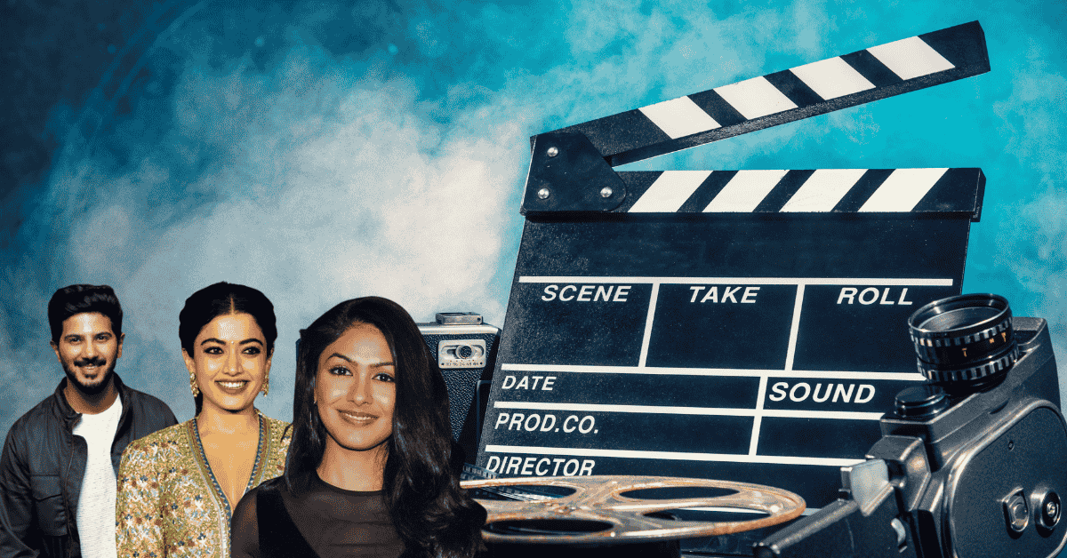 Lead actors Dulquer Salmaan, Rashmika Mandanna, and Mrunal Thakur from "Sita Ramam" alongside a film clapperboard and vintage camera, symbolizing the film's storytelling.