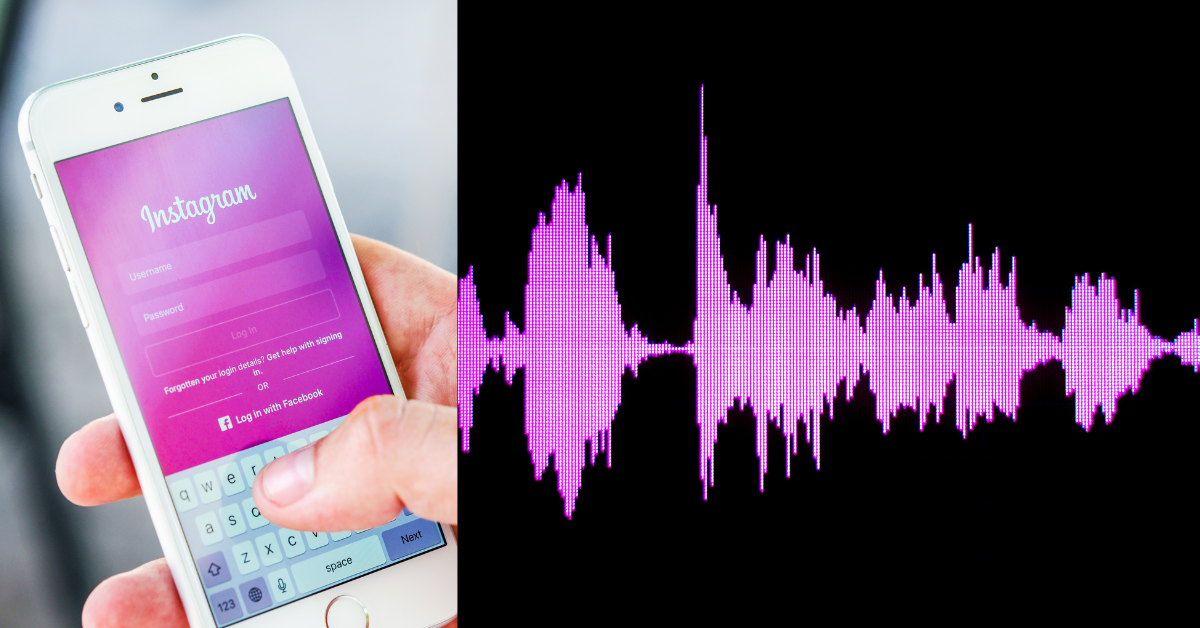 Hand holding iPhone showing Instagram login screen next to a vibrant pink sound wave graphic, illustrating how to save Instagram stories with music.
