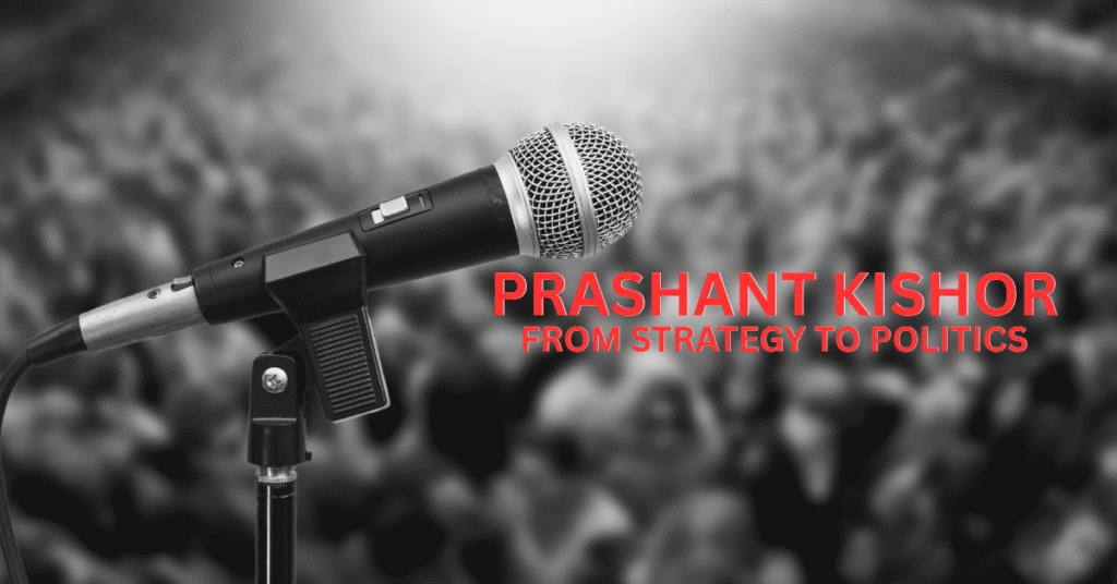 Prashant Kishor speaking at a press conference with a Mahatma Gandhi portrait and "right action" text behind him.