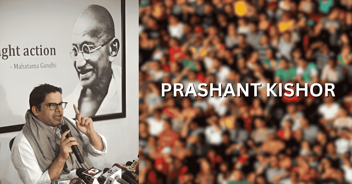 Prashant Kishor addressing a political gathering with a microphone and a portrait of Mahatma Gandhi in the background.