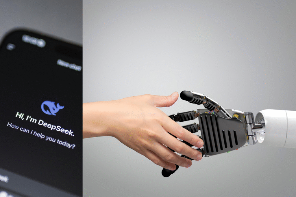 Split screen image of AI agent Deep seek and in the right human hand and robotic hand shaking hand , AI agents are a revolution in our word.