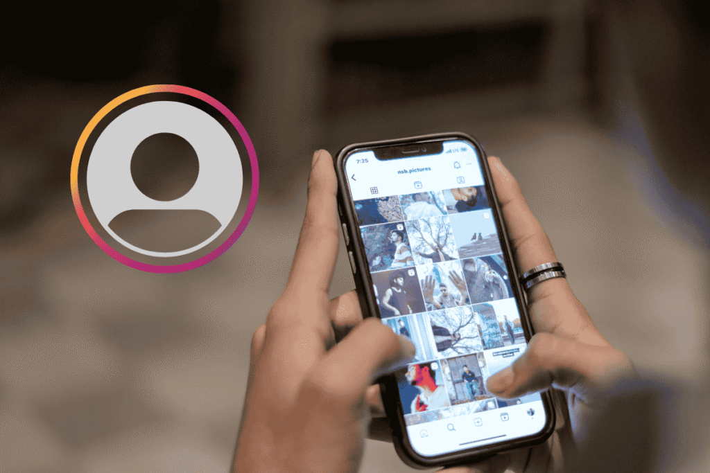 How to Save Instagram Story with Music: Close-up of hands holding an iPhone displaying an Instagram profile grid, with a large Instagram Story outline icon (with a gray avatar silhouette) overlaid on the left side, representing Instagram profile management.