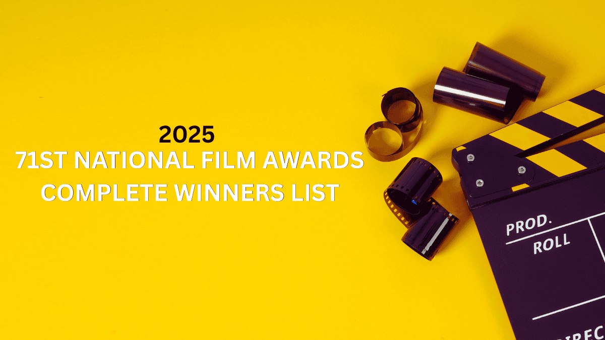 71st National Film Awards 2025 official announcement graphic with film reels and director’s clapperboard on a yellow background