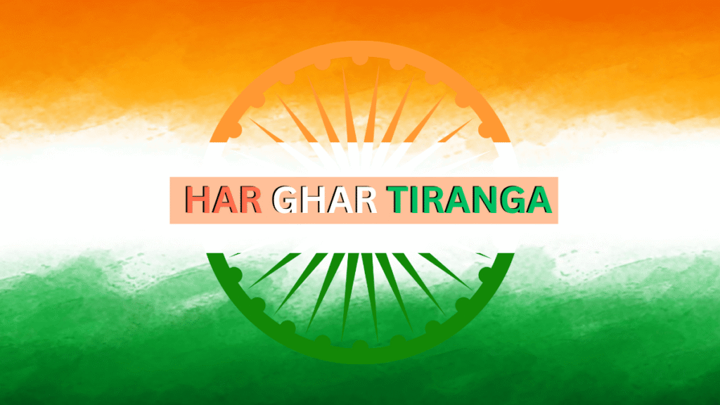 Indian Flag Tricolour with "Har Ghar Tiranga" campaign slogan and Ashoka Chakra, representing India’s patriotic movement.