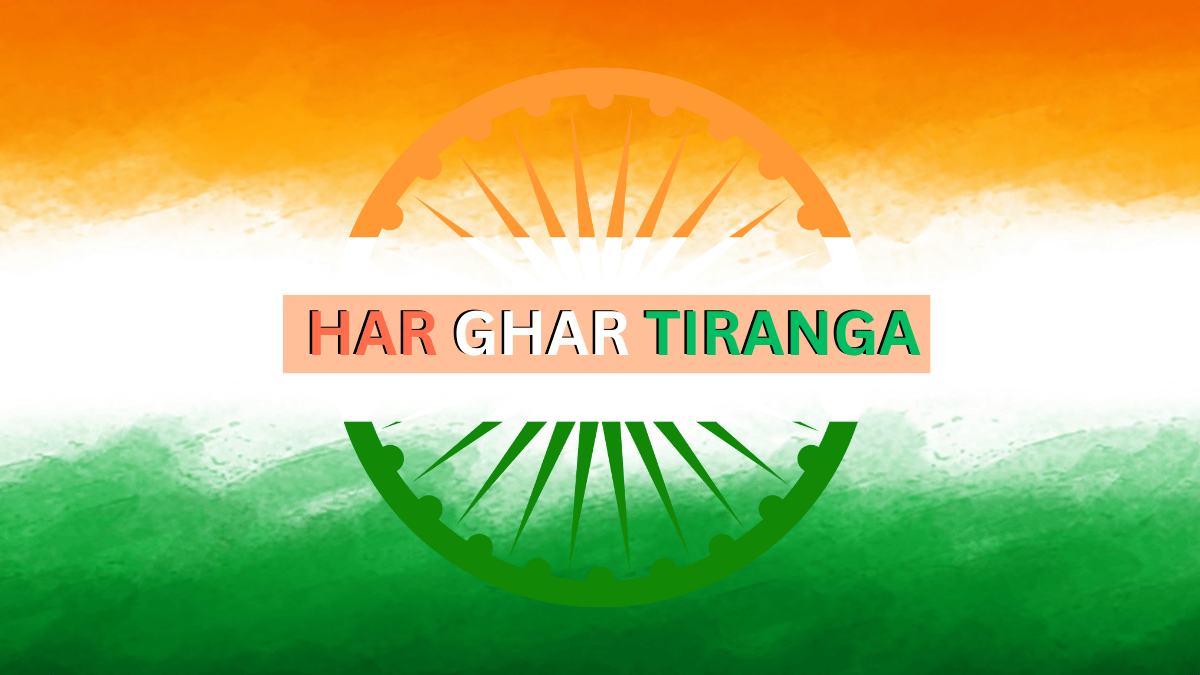 Indian Flag Tricolour with "Har Ghar Tiranga" campaign slogan and Ashoka Chakra, representing India’s patriotic movement.