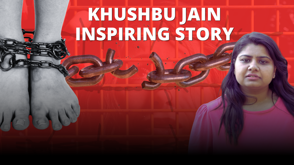 Chained feet breaking free, bold chain snapping, with text ‘Khushbu Jain Inspiring Story’ on a red background.