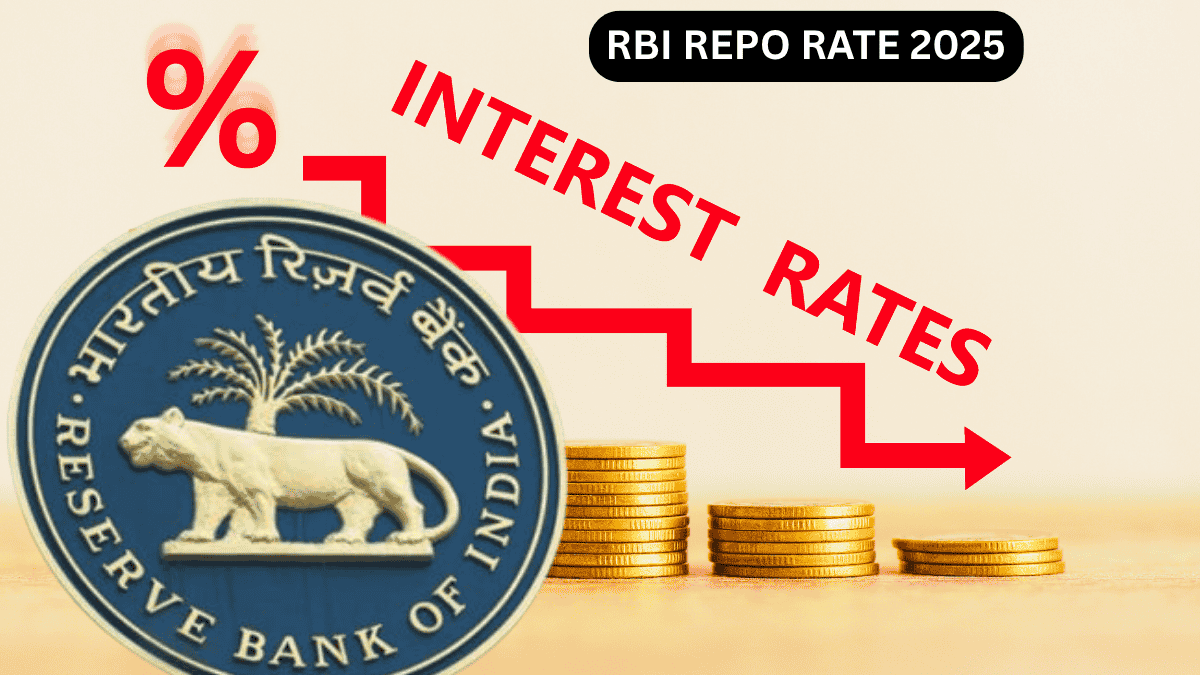 Reserve Bank of India (RBI) logo with decreasing interest rates, stacked coins, and text highlighting RBI repo rate 2025.