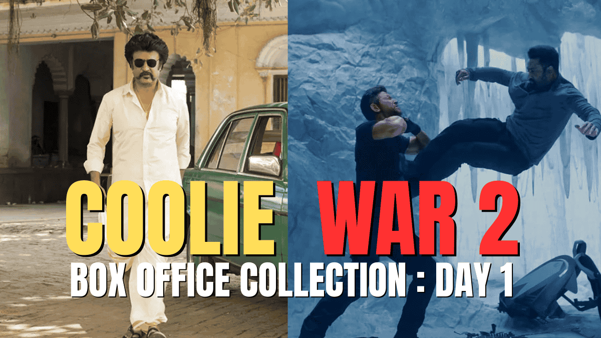 Poster split featuring Rajinikanth in Coolie on the left and an intense action scene from WAR 2 on the right, highlighting their Day 1 box office rivalry.