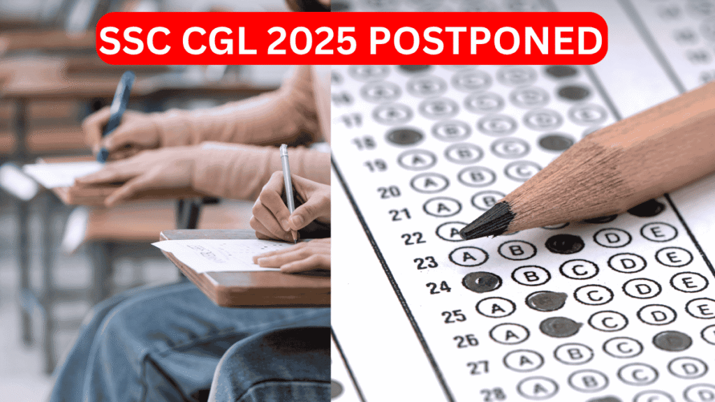 SSC CGL 2025 Exam Postponed – Students in examination hall, OMR sheet, pencil, official notice.