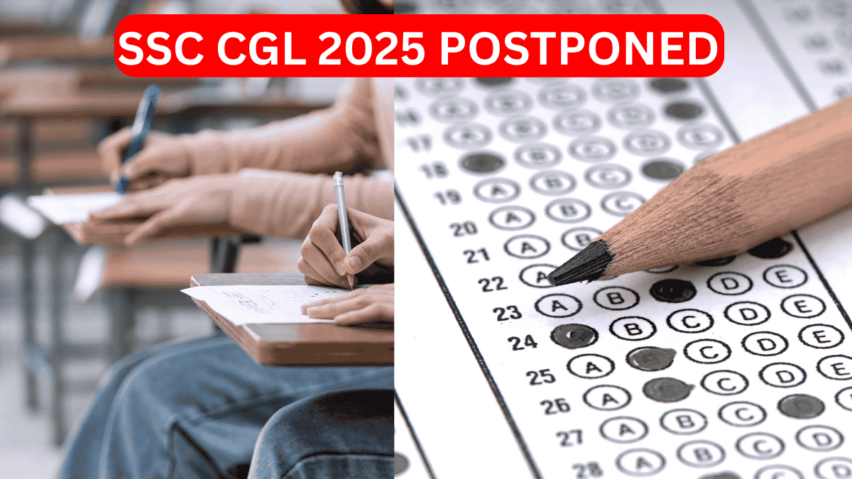 SSC CGL 2025 Exam Postponed – Students in examination hall, OMR sheet, pencil, official notice.