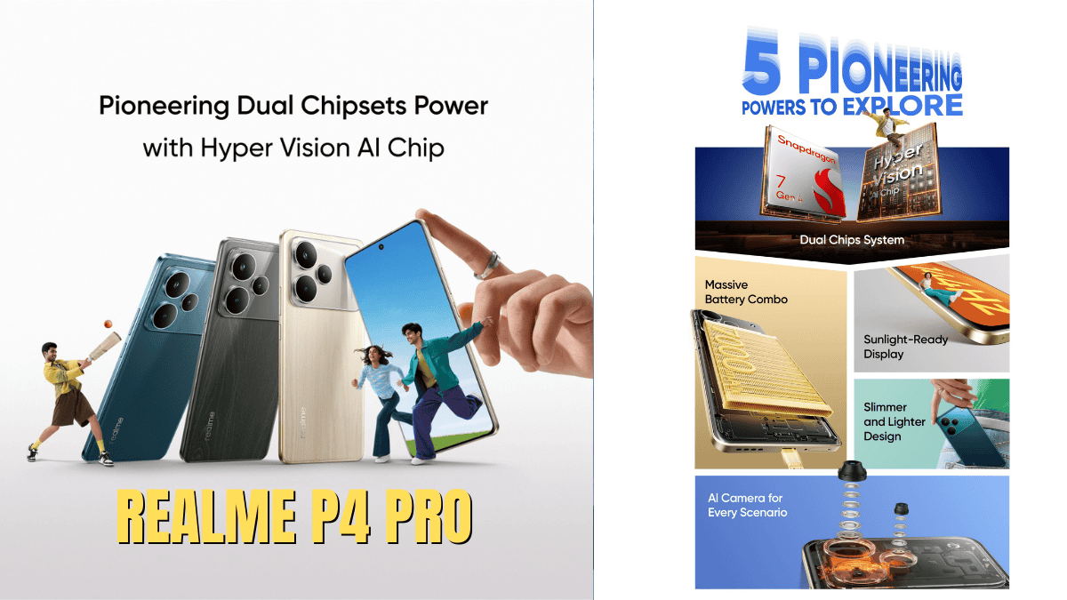 Realme P4 Pro smartphones in blue, grey, and white colors featuring dual chipset power, Hyper Vision AI chip, and key highlights like massive battery, sunlight-ready display, and AI cameras.