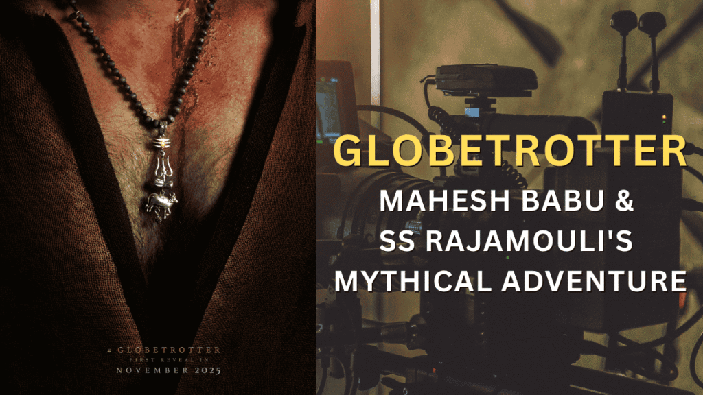Close-up of a rugged adventurer’s chest wearing a symbolic trishul and bull pendant necklace, alongside bold movie title text and a film camera in the background, hinting at a mythological film project.