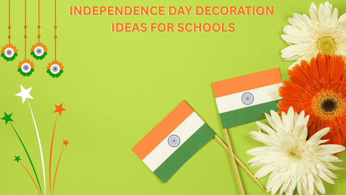 Independence Day school decoration with Indian flags, tricolour flowers, and creative elements on a green background.