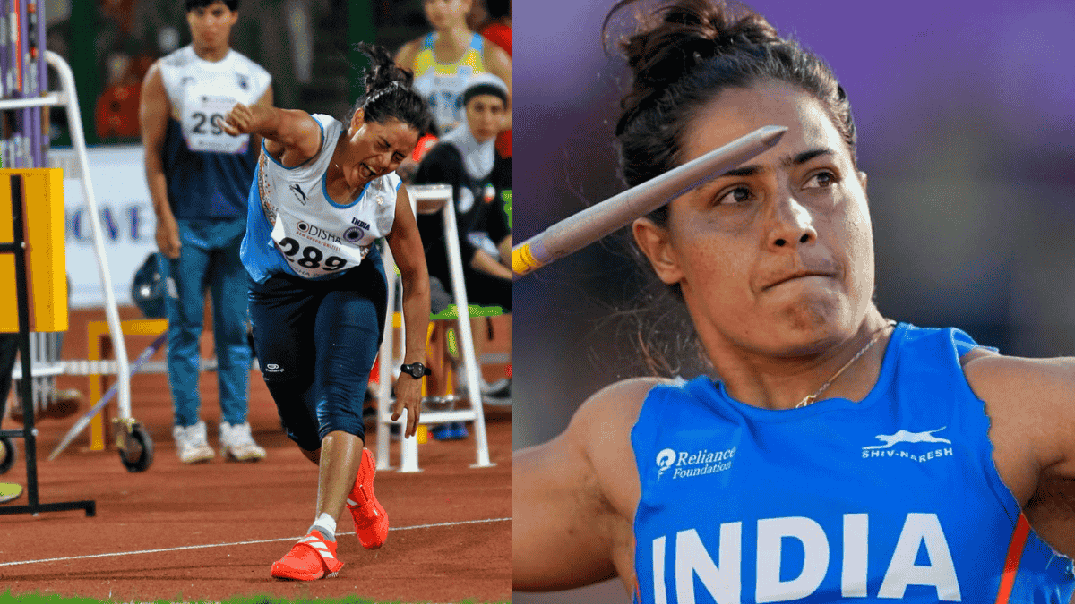 Indian javelin thrower Annu Rani preparing to throw in an athletics stadium