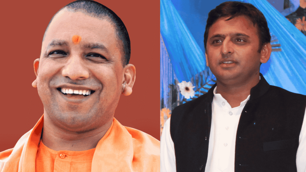उत्तर प्रदेश के दो प्रमुख राजनीतिक नेता, एक केसरिया वस्त्र में और दूसरा सफेद शर्ट व काले कोट में मंच पर।