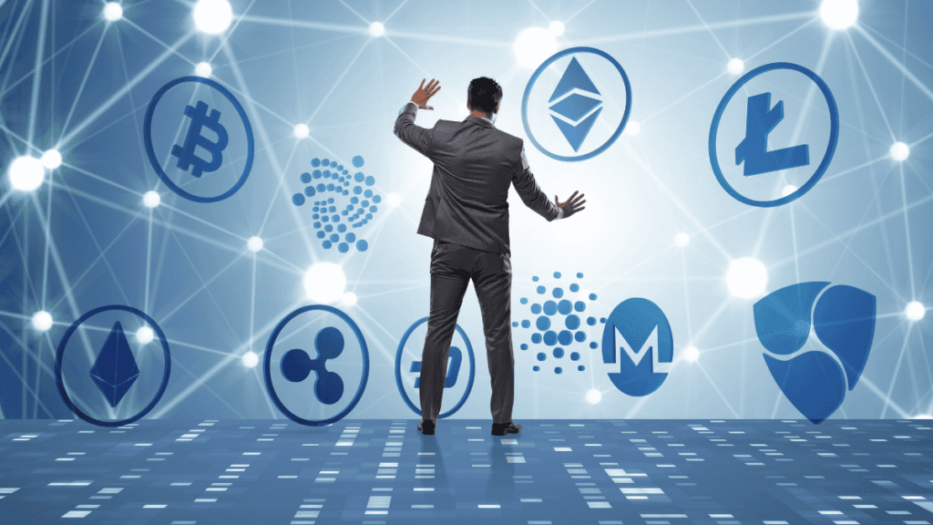Businessman surrounded by popular cryptocurrency logos on a digital network background