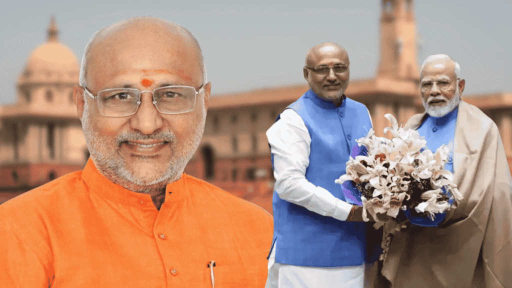 Senior BJP leader in an orange kurta stands before Rashtrapati Bhavan, with Indian political leaders exchanging flowers during a formal ceremony.