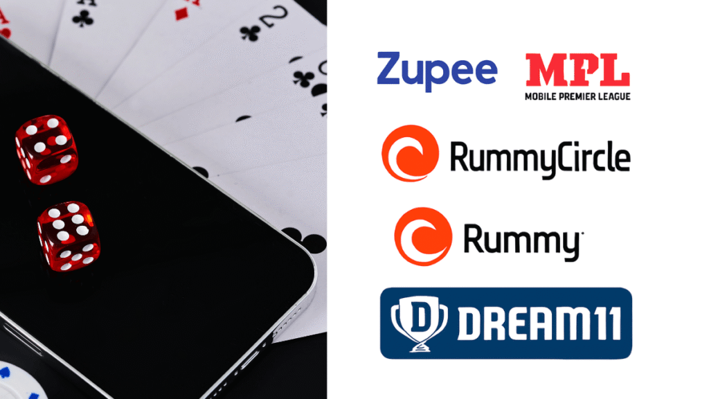 Online Gaming Bill 2025 impact – logos of Zupee, MPL, RummyCircle, and Dream11 alongside playing cards and dice representing real money games in India