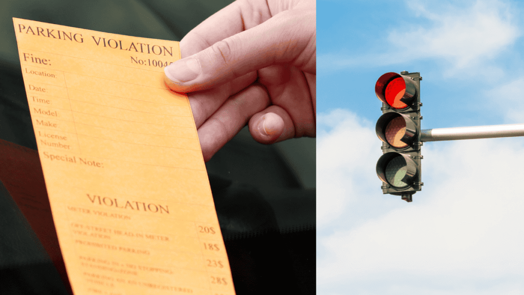Hand holding a parking violation ticket and a red traffic signal, representing Bengaluru Traffic Fines and violations.
