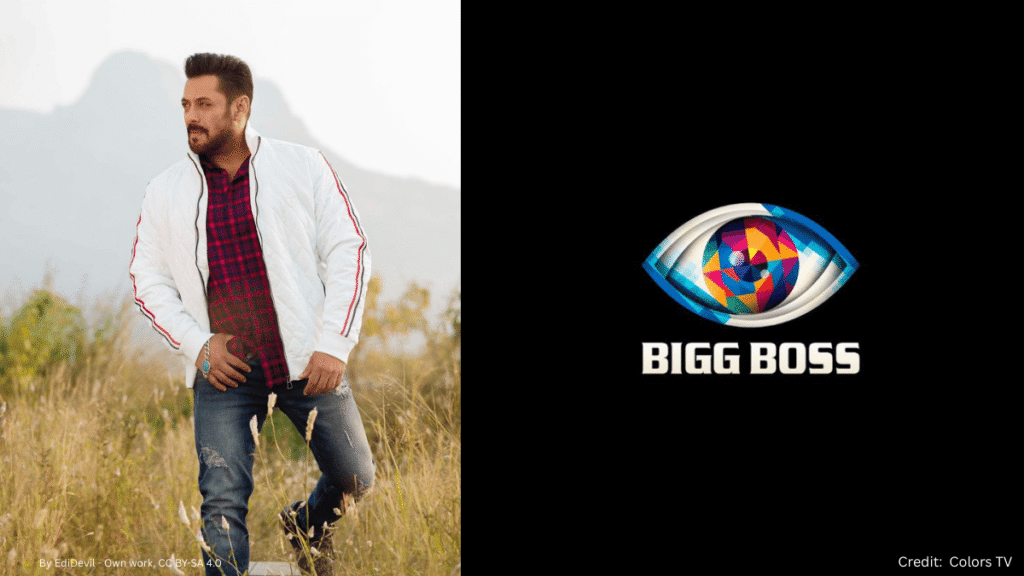 Salman Khan in a white jacket and red check shirt standing in a field, alongside the official Bigg Boss 19 logo featuring a colorful eye design.