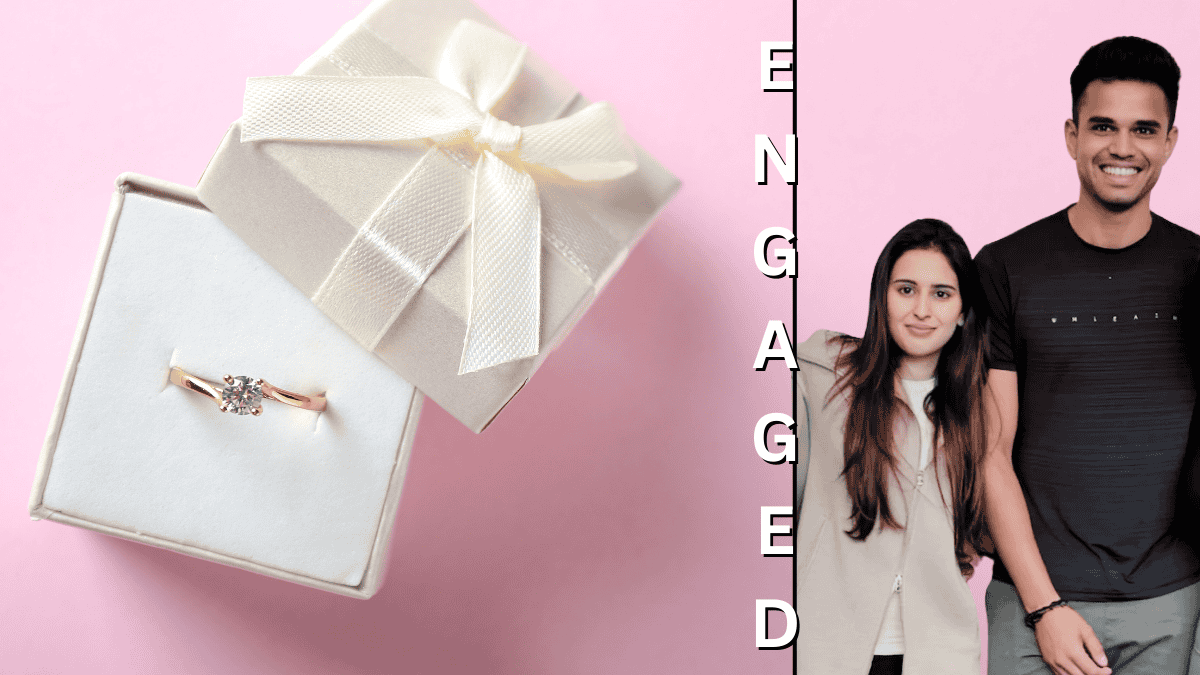 Engagement ring in a gift box and a couple celebrating Arjun Tendulkar and Saaniya Chandhok's engagement