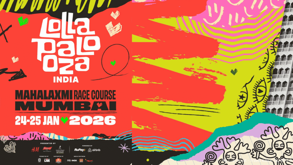 Lollapalooza India 2026 poster featuring bold festival branding, dates, and Mahalaxmi Race Course, Mumbai, with vibrant abstract designs and sponsor logos.