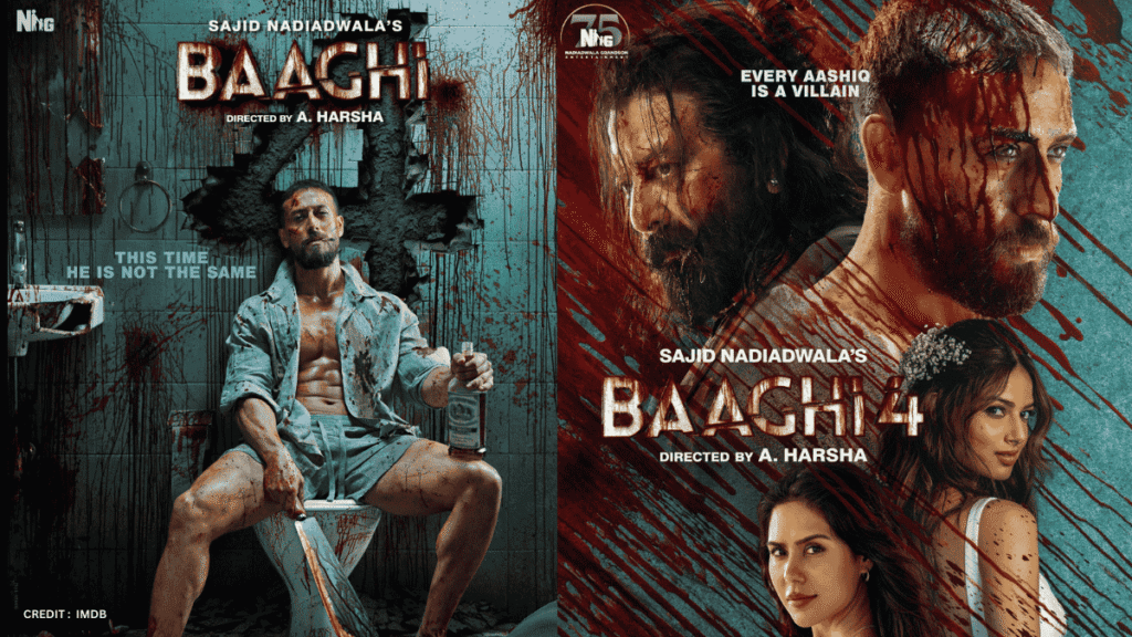 Baaghi 4 movie posters featuring Tiger Shroff and Sanjay Dutt - official promotional material showing bloodied Tiger Shroff and cast ensemble