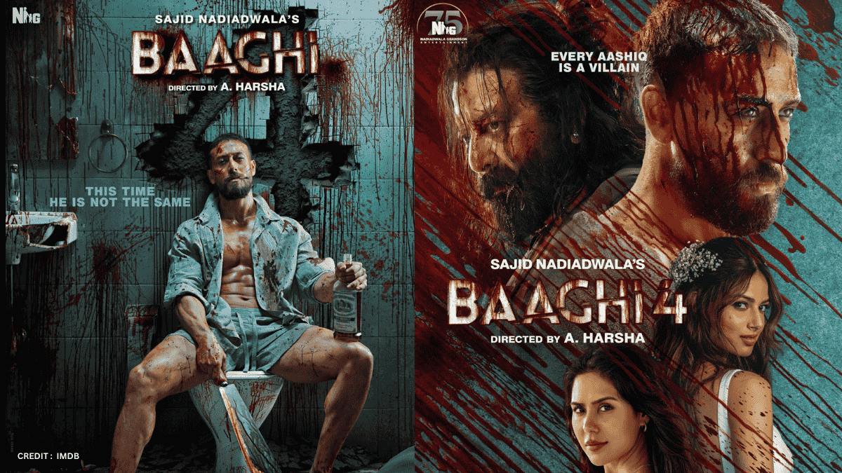 Baaghi 4 movie posters featuring Tiger Shroff and Sanjay Dutt - official promotional material showing bloodied Tiger Shroff and cast ensemble