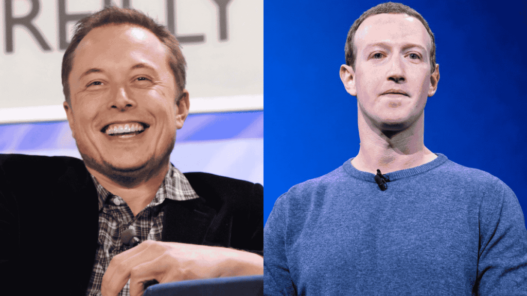 "Elon Musk and Mark Zuckerberg side-by-side comparison showing the world's top two richest people with contrasting expressions - Musk smiling broadly while Zuckerberg appears serious during public appearances"