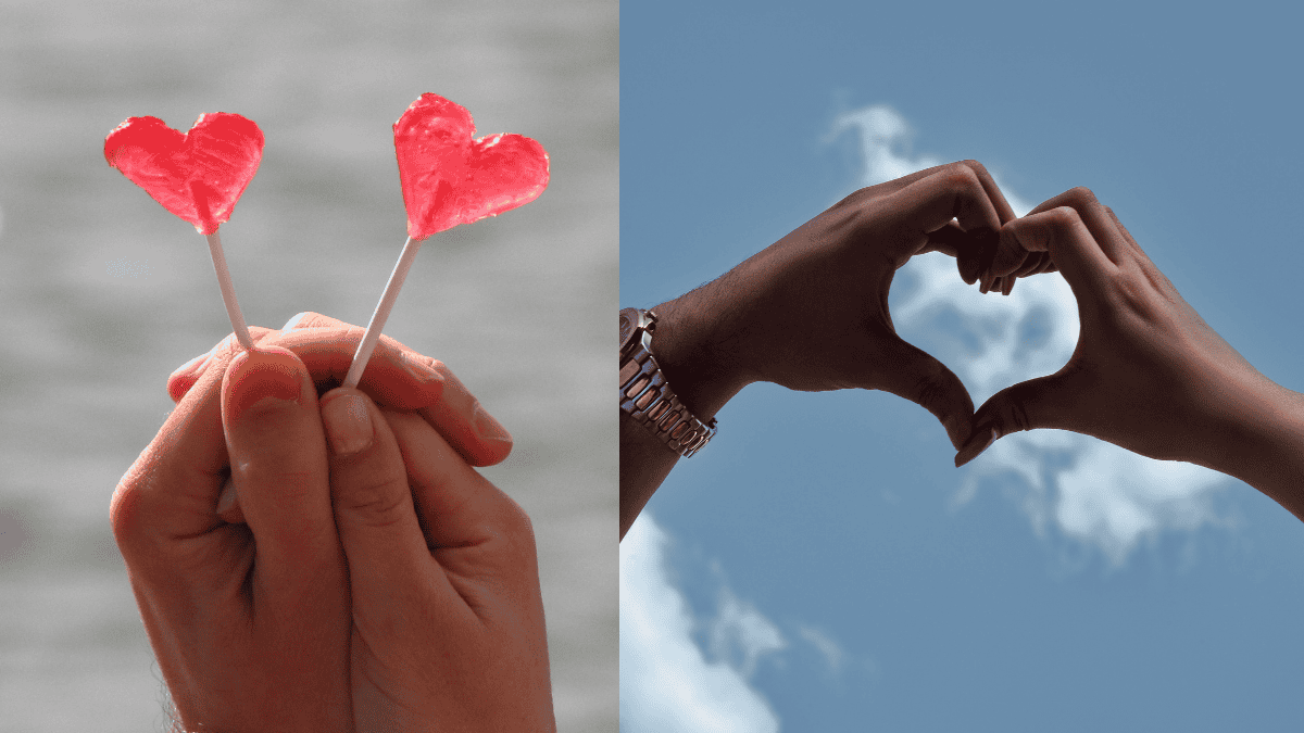 "Hands holding heart lollipops and forming heart shape against blue sky romantic love gestures"